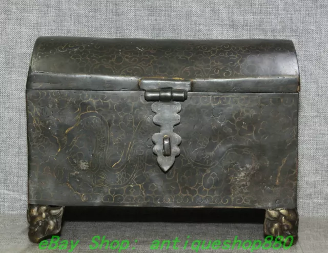 11.8'' Old Tibet Iron Dragon Pattern Redpoll Winged Garuda Bird Eagle 4 Leg Box