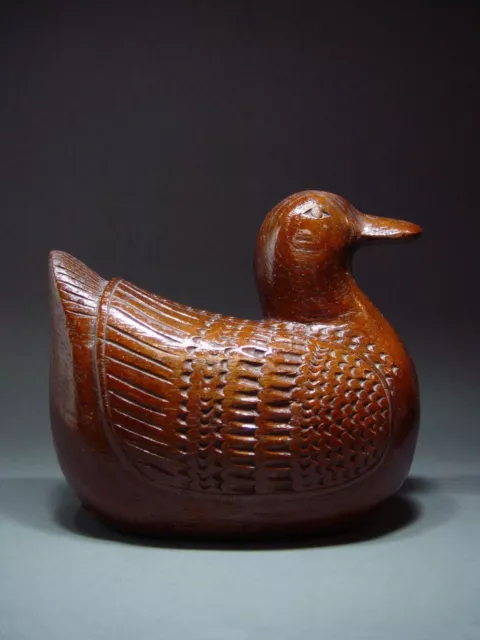 Antique Burmese Teak Wood Carved Duck Medicine Box. Late Mandalay Period