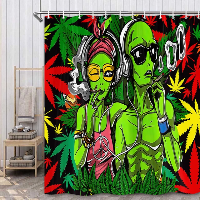 Green Skin Alien Couple Shower Curtain Bathroom Decor Fabric 12hooks