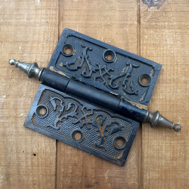 Antique Victorian Steeple Tipped Ornate Cast Iron Door Hinge 4" x 4"