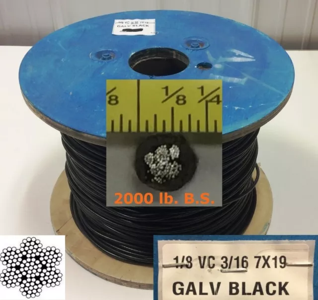 Vinyl Coated Steel Aircraft Cable Wire Rope 500 ft 1/8" VC 3/16" 7x19 Black