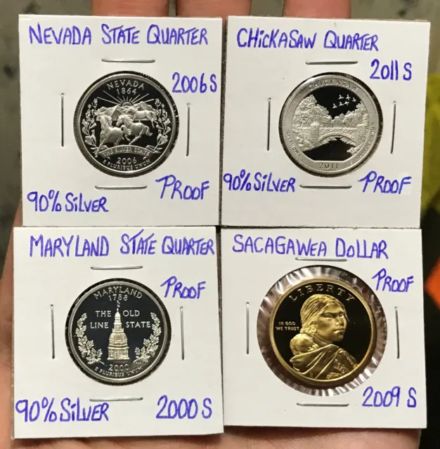 4 Coins Lot 90% Silver Maryland + Nevada + Chickasaw Quarters,- Sacagawea Dollar