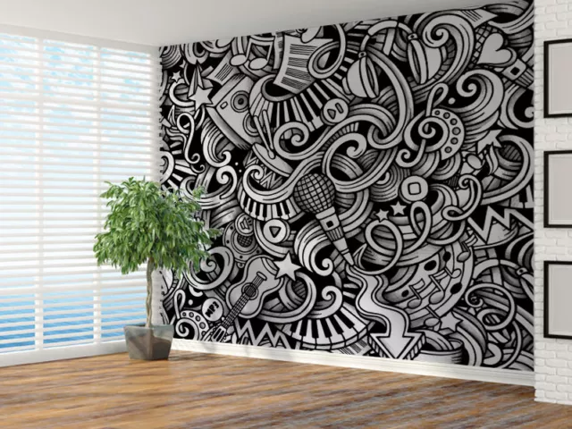 Mural de pared de papel pintado foto en blanco y negro dibujado a mano de música (50101524)