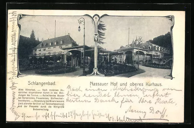 Schlangenbad, Nassauer Hof und oberes Kurhaus, Ansichtskarte 1905