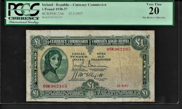 Ireland p-2Ab, Fine, 1 Pound, 1937, Lady Lavery, PCGS Graded 20