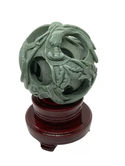 Vtg Hand Carved Serpentine Green Stone Soapstone Chinese 4 Layer Puzzle Ball