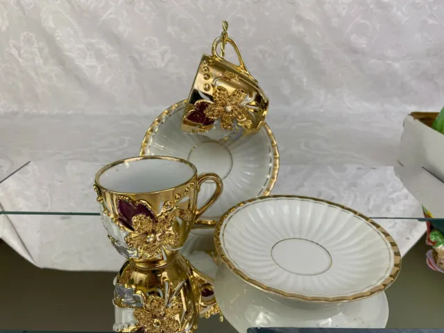 2 Vintage Demitasse Cups Teacups Saucers Germany Applied Gold Flowers Gilt Bead
