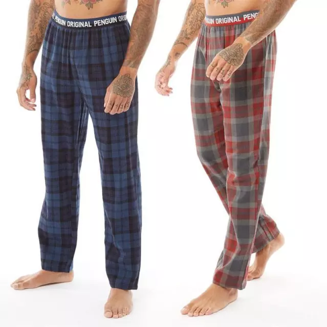 Penguin Mens Check Tartan Pyjama Bottoms Soft Cotton Logo Elastic Waistband