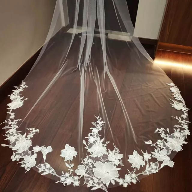 Floral Lace Wedding Veil with Comb Vintage 1 Layer 3 Meters Long Cathedral Veils