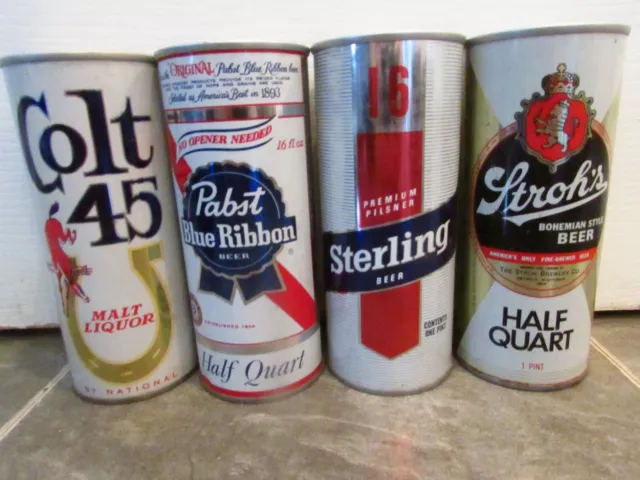 Lot Of 4 Vintage Straight Steel 16 OZ Empty Beer Cans Colt 45 Sterling Stroh's