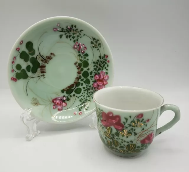Antique Chinese Export Celadon Famille Rose Decorated Porcelain Cup & Saucer Set