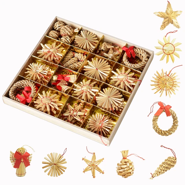 FREETOO Christbaumschmuck 54-tlg, Christbaumanhänger Strohsterne Bastel-Set Deko