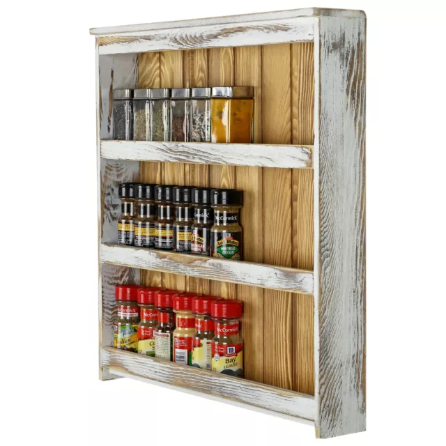 3 Tier White and Brown Wood Kitchen Wall Mounted Spice Rack Hanging Spice Shelf
