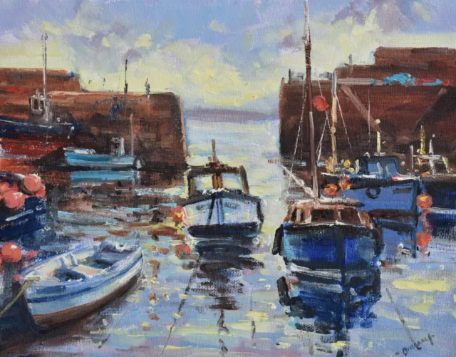 Richard Blowey Original Oil Painting Fishing Boats Mousehole Cornwall Seascape