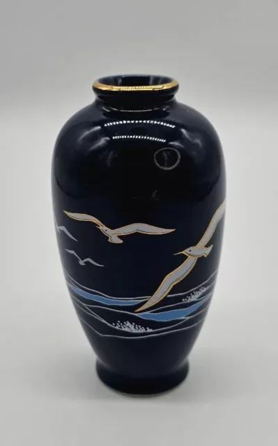 Otagiri "The Sea" Small Ceramic Blue White Gold Vase Seagulls Ocean Nautical  4"