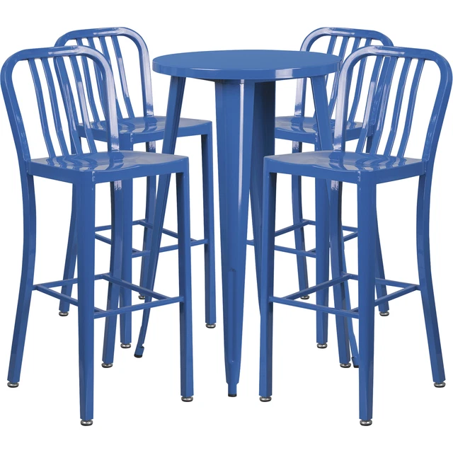 5pc Blu Metal Bar Table Set 24inx41inH Round Table w/4 Ind-Style Barstools