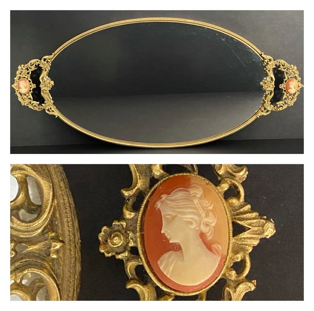 VINTAGE 19” OVAL Mirrored Vanity Tray Gold Filigree Handles Inlaid