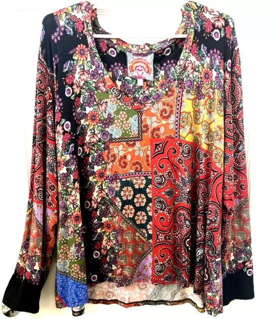 NEW JOHNNY WAS Moa Vneck LS Top Sz XL Shirt Floral Paisley Mixed Print Boho JWLA