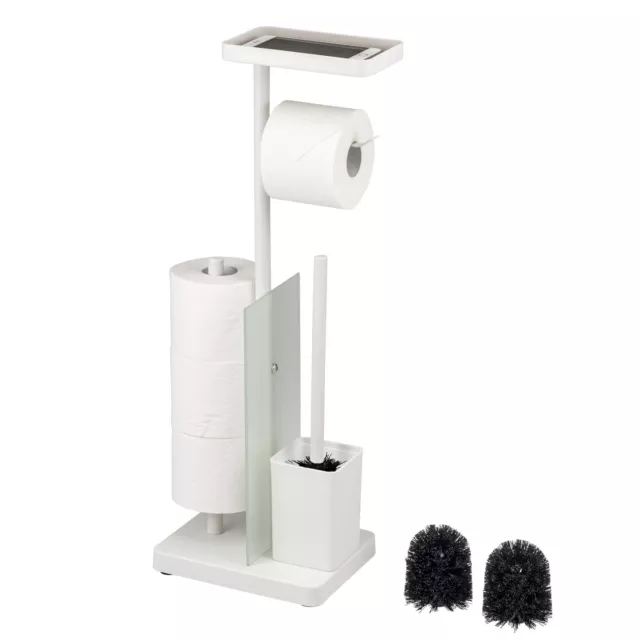eluno Stand WC-Garnitur 4in1, WC-Bürste, Rollenhalter, Ablage Glas/Metall weiß