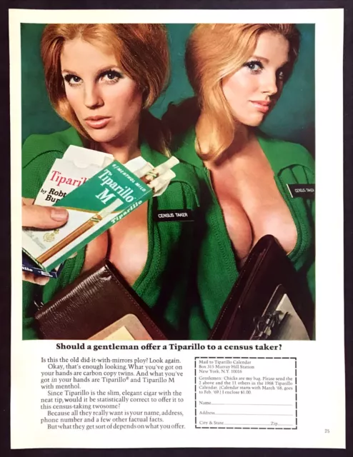 1968 Twin Sexy Blonde Census Takers photo Tiparillo Cigars vintage print ad