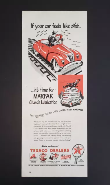 1946 Print Ad Texaco Marfak Chassis Lubrication Red Car On Railroad Track