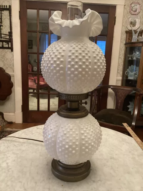 Fenton White Hobnail Milk Glass Melon 3-Way Light Lamp Used WORKS 23.5”