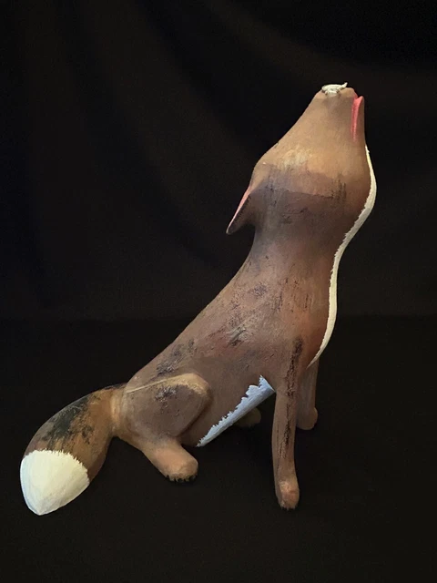 Vtg SW Folk Art David Alverez Wood Carved Painted Coyote Wolf  Howling Figurine