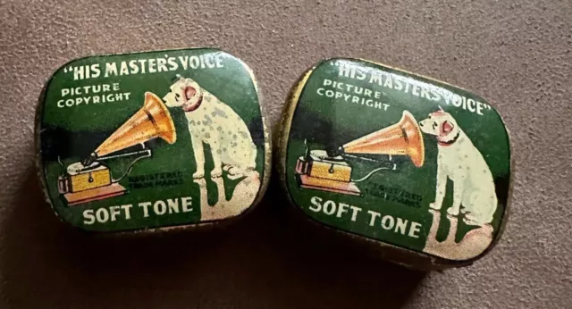 2x Vintage Green HMV His Masters Voice Tin  w Needles Gramophone Soft Tone