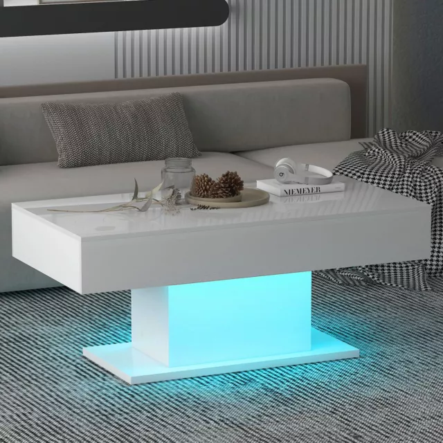 White LED Coffee Table High Gloss Cocktail Table Modern Living Room Rectangle