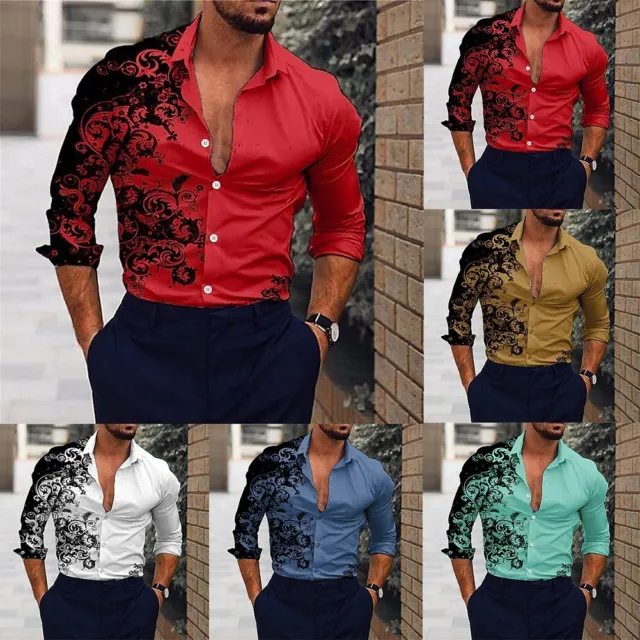 Elegant Mens Baroque Button Down Long Sleeve Hawaiian Shirt Silky Dress