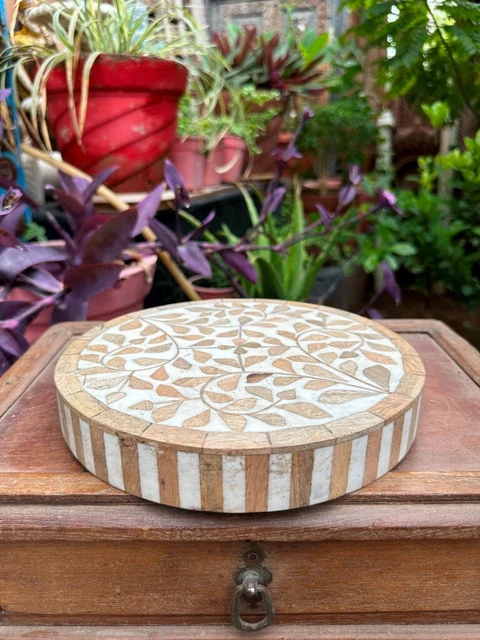 Vintage Old Hand Crafted Wooden Bone Inlaid Work Beautiful Round Panel