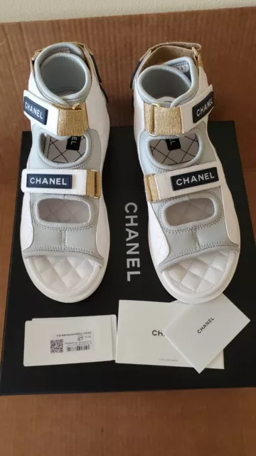 AUTH. NWB 21P Chanel Dad Logo Quilted Sandals Flat Shoes White/Grey 38.5/8.5,9  $1,499.00 - PicClick