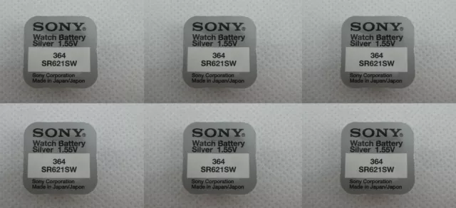 6x Sony - Murata 364 V364 Uhren-Batterie Knopfzelle SR60 SR621 AG1 BL1 Watch