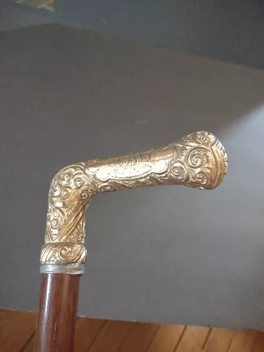 Antique Vintage 32" Parasol Black Umbrella Gold 1909 Dated Monogram Very Good