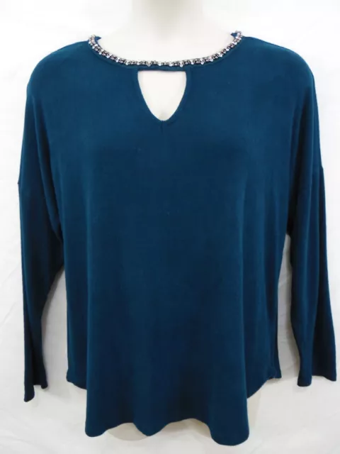 JENNIFER LOPEZ sz XXL 2XL Dark Teal Pullover Soft Knit Bejeweled Keyhole Shirt