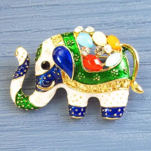 1Pcs Blue Green Color Enamel Crystal Tibetan Golden Elephant Brooch D91848