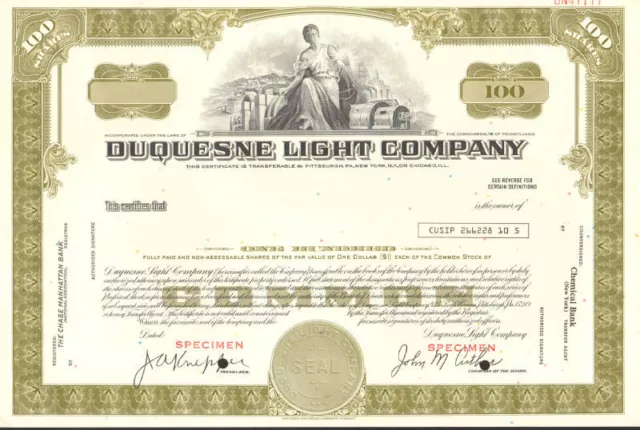 Duquesne Light Company Pennsylvania utility company olive stock certificate