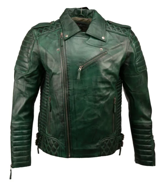 Mens Real Leather Jacket Motor Biker Green Vintage Retro Cafe Racer Brand New