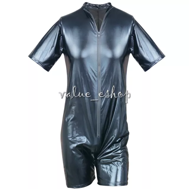 Mens Black Wetlook Front Zipper Catsuit Bodysuit Jumpsuit Clubwear Costume