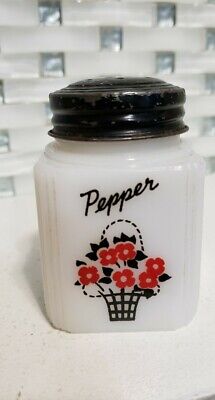 Vintage Tipp City USA Pepper Shaker Basket with Red Flowers Black metal Lid Milk