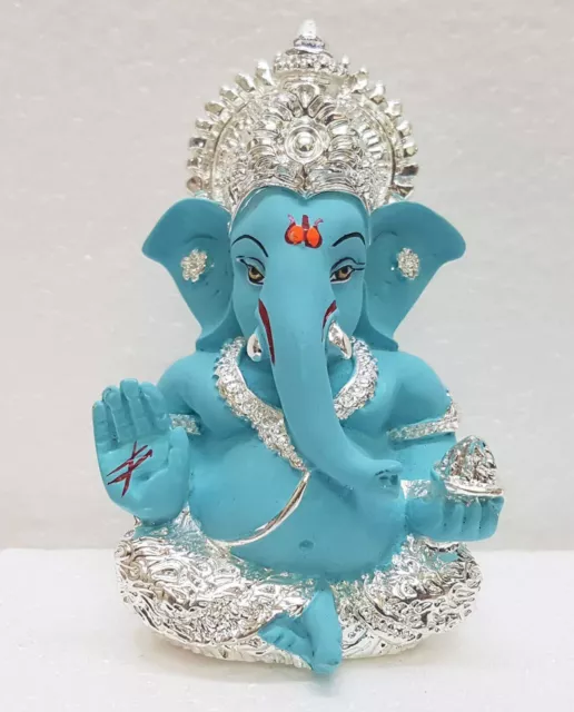 Indian traditional Silver Plated blue Ganesha for Car Dashboard 3.5 x 2 inches