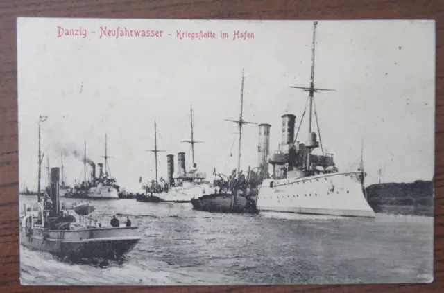 Alte Ansichtskarte Danzig - Neufahrwasser / Kriegsflotte im Hafen um 1913 *