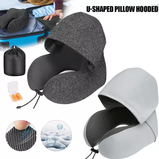 Travel Pillow With Hoodie Neck Cushion Flight Soft Comfortable Hooded U Shape AU