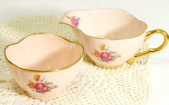 Vintage Leneige Creamer Pitcher Sugar Bowl Demitasse Porcelain Pink Floral Set