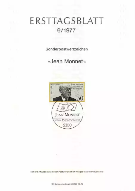 Ersttagsblatt 1977 - Jean Monnet Sonderpostwertzeichen