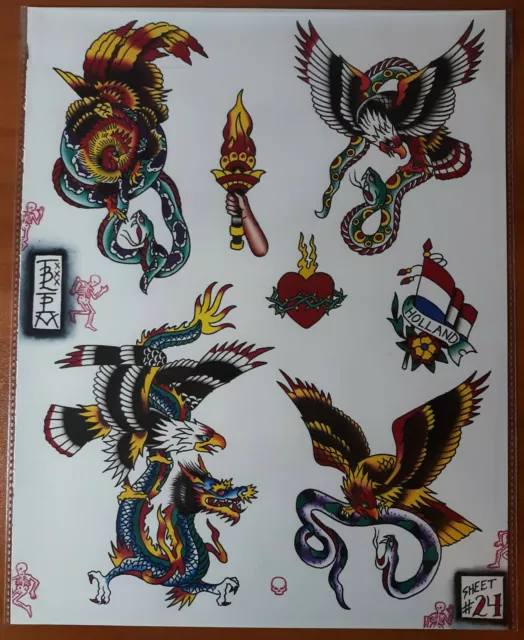 Original Bill Loika Traditional Style Tattoo Flash Sheet 12x15", Dragon, Eagle