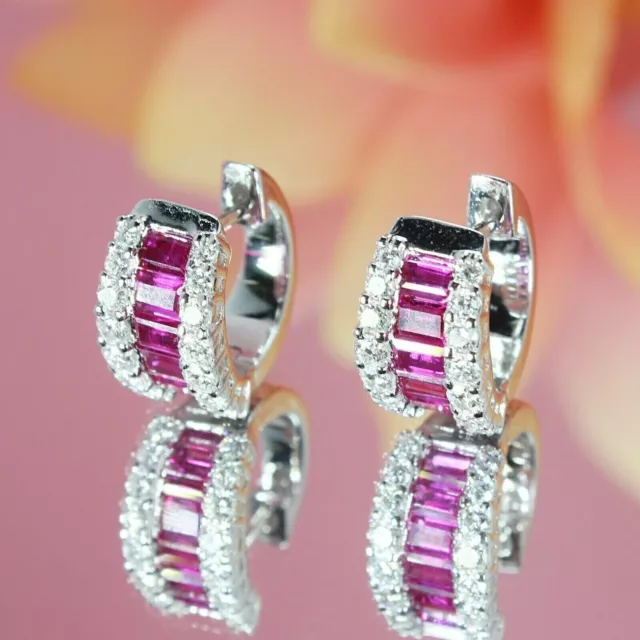 Women's Huggie/Hoop Earrings 3Ct Baguette Cut Pink Ruby & CZ 925 Sterling Silver