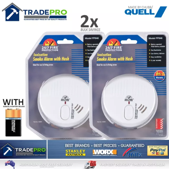 2x Smoke Alarm Fire Detector Chubb/Quell® Made Australian Standard Bonus 9V Batt