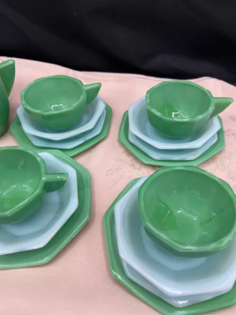 Vintage Akro Agate Glass Children's Toy Tea Set Dishes Green & White 20 Pc