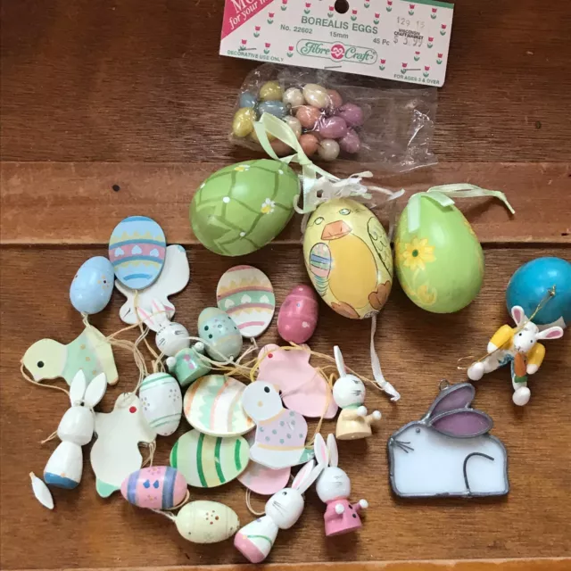Large Lot of Painted Plastic Mini Iridescent Easter Egg & Wood Stained Glass Bun